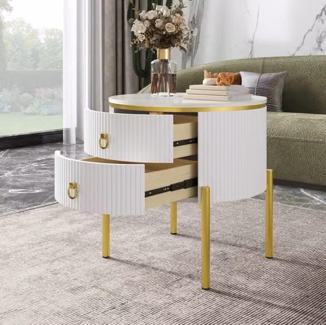 Tavolino laterale ULEVR ?50x51 cm con 2 cassetti, gambe regolabili e finitura effetto marmo bianco e oro