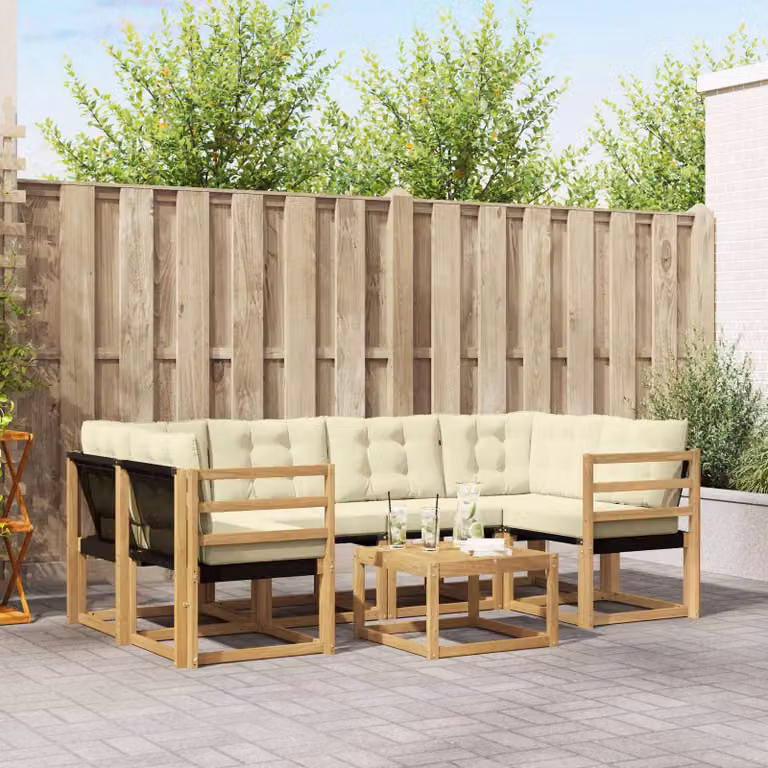 Set di divani da esterno vidaXL 7 pz in legno di acacia con tavolino e cuscini, Bianco e Beige