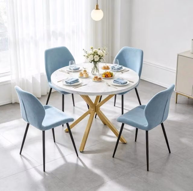 Tavolo da pranzo rotondo ULEVR ? 100 cm per 2-4 persone, piano effetto marmo bianco e struttura dorata