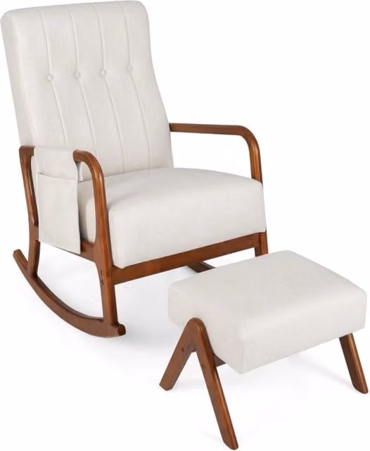 Poltrona a dondolo imbottita con schienale e tasca laterale, Sedia a dondolo con ottomana da poltrona relax Beige