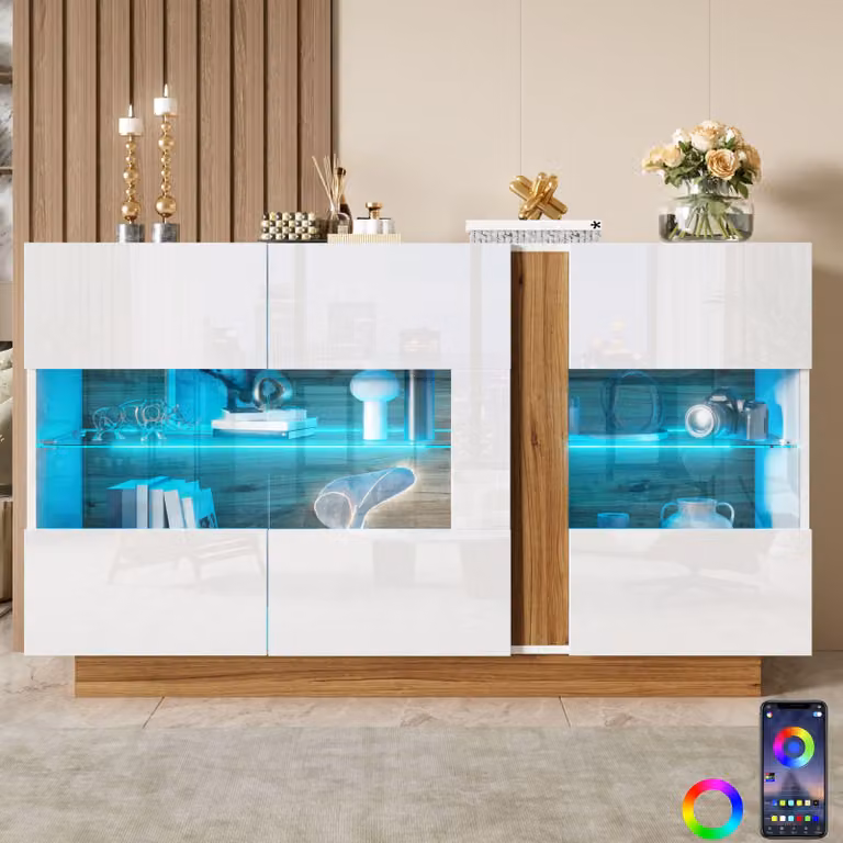 Mobile contenitore laterale Merax, con 3 ante in acrilico, illuminazione a LED, armadietto contenitore con 2 scomparti, mobile contenitore moderno per il soggiorno, bianco
