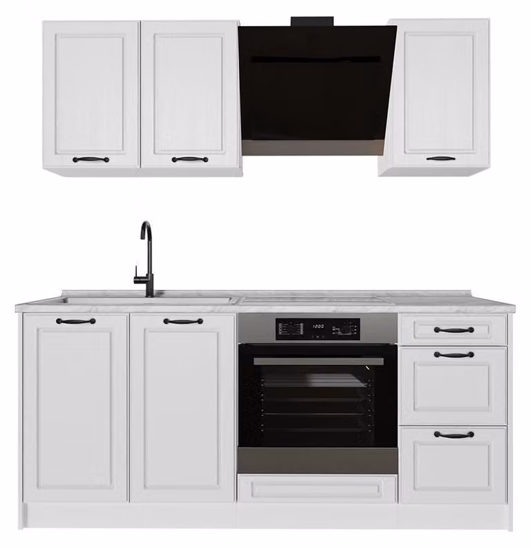Cucina monoblocco Vicco R-Line Bianco country/Bianco 180 cm piano di lavoro Marmo, Model 67820