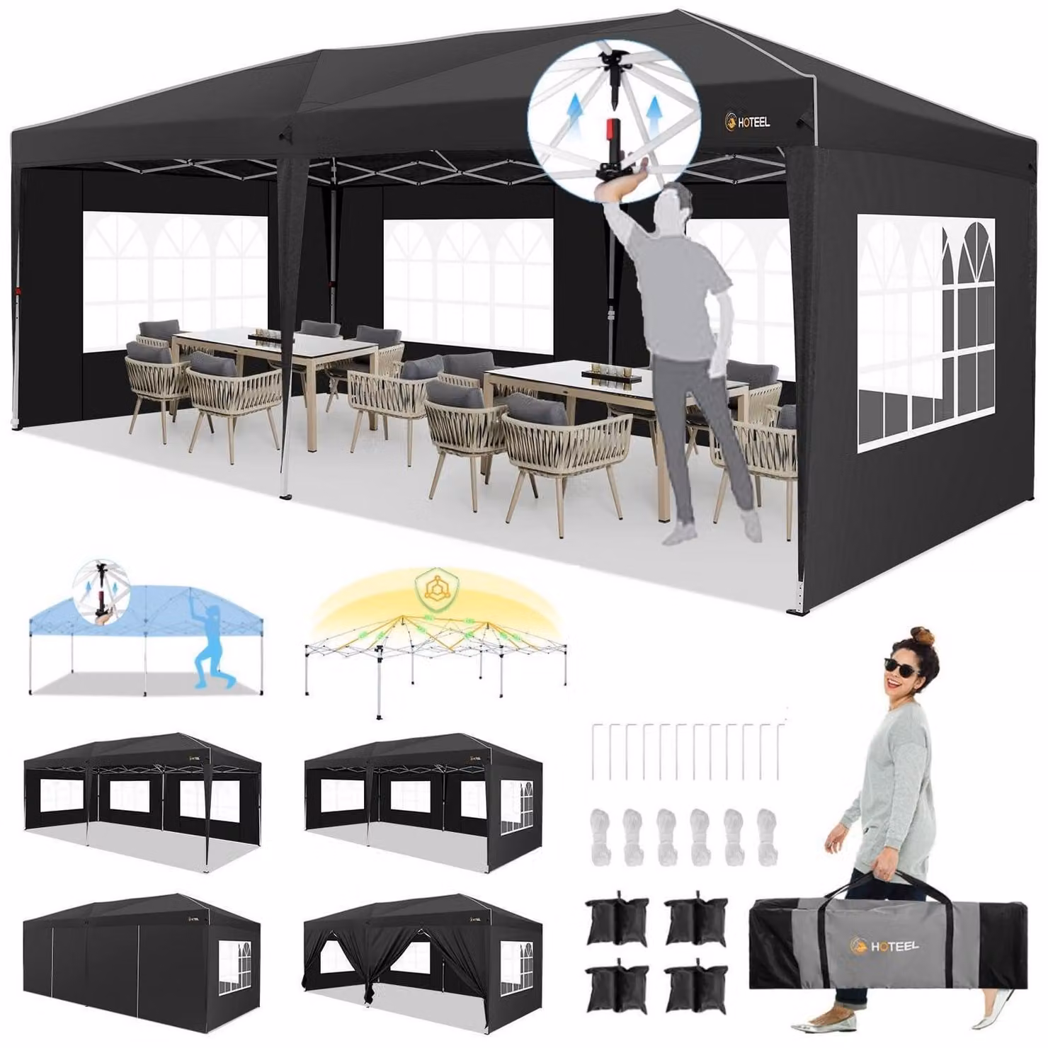 Gazebo da esterno 3x6 metri, impermeabile, stabile, resistente alle intemperie invernali, con pareti laterali, colore nero