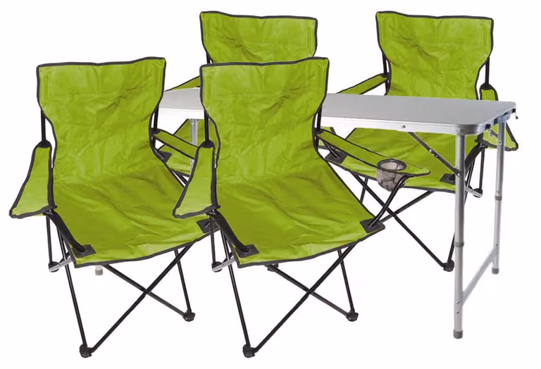 Set da campeggio composto da 5 elementi: tavolo verde "Lime" con altezza regolabile e sedie
