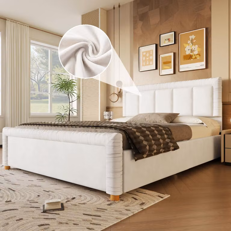 Letto imbottito 140 x 200 cm, rivestito in velluto, con 2 cassetti, testiera e pediera imbottite con motivo a coste, disposizione flessibile dei cassetti, color beige