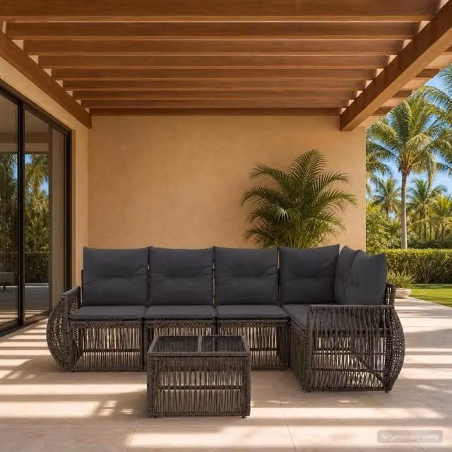 Set Divano da Giardino a L con Tavolino vidaXL, 6 Pezzi, Grigio e Antracite, in Polyrattan con Cuscini Inclusi – 1