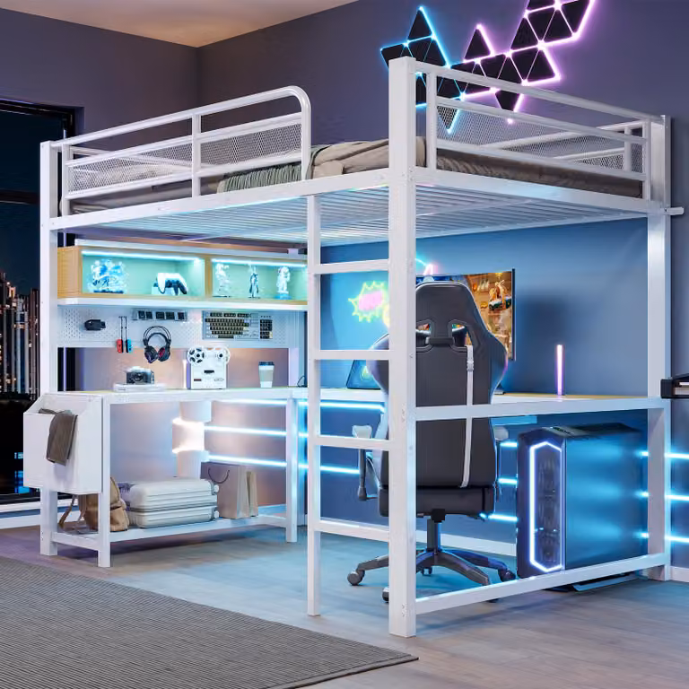 Letto a soppalco multifunzione per videogiochi, dimensioni 140 x 200 cm, con scrivania, supporto per tastiera, scomparti contenitori, luci LED a 7 colori, 2 prese di corrente e 2 porte USB, scala e ringhiera, colore bianco