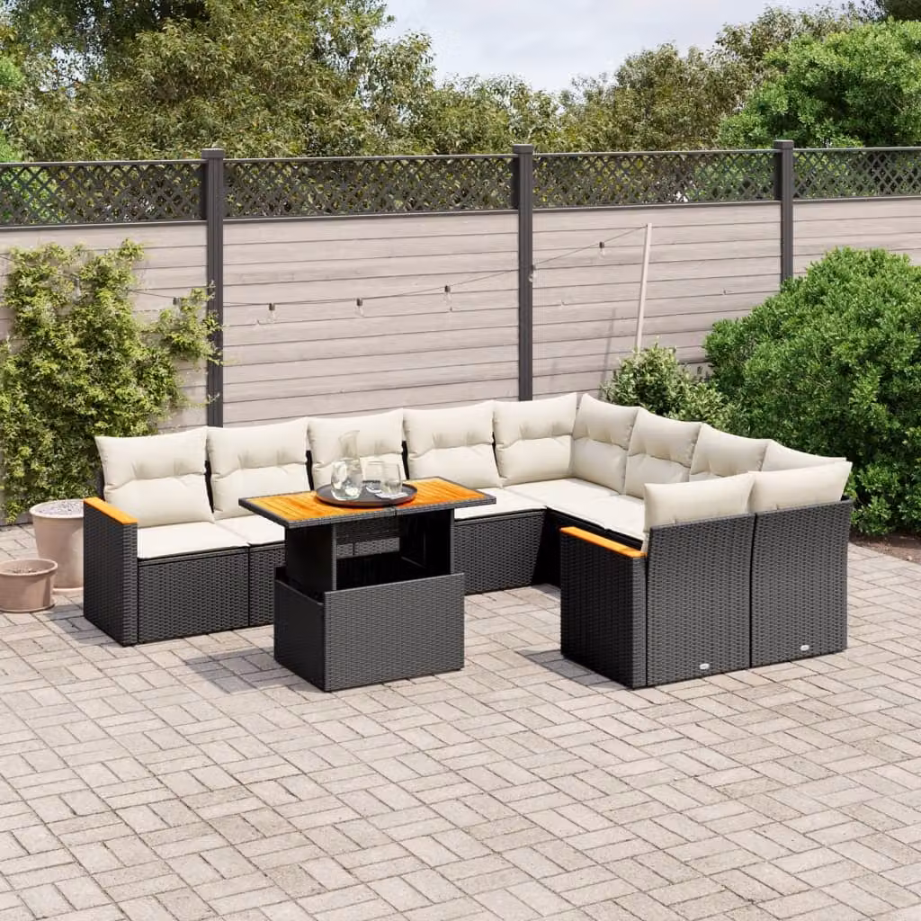 vidaXL Set Divani da Giardino a L in Polyrattan Nero con Cuscini e Tavolino da Esterno – 1