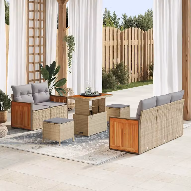 Set Divano da Giardino vidaXL 10 Pezzi con Tavolino, Pouf e Cuscini Beige e Grigio in Polyrattan e Acciaio