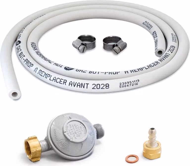 Kit completo di collegamento gas per fornelli a gas con tubo flessibile da 1,50 m + raccordo a tettarella + riduttore di pressione butano 28 mbar