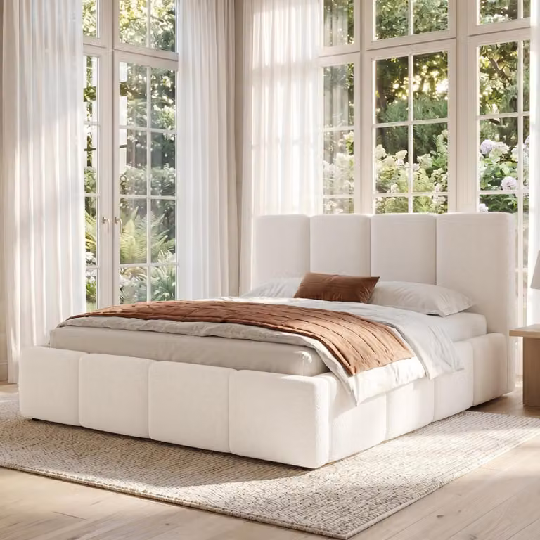 Letto imbottito okwish 160x200 con testiera imbottita, letto matrimoniale con rete a doghe, tessuto bouclé, letto per ragazzi color beige, senza materasso