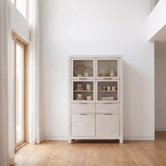Vetrina Banak in legno e vetro bianco con ante in vetro e cassetti H: 196 cm, L: 108 cm, P: 6 cm