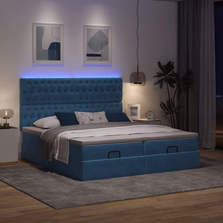 Maison Exclusive - Letto a pouf con materassi e luci LED, blu scuro, 200x200 cm, velluto