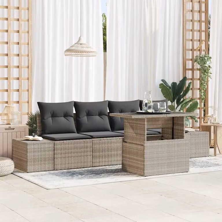 Set di divani da giardino vidaXL a forma di L in rattan grigio con cuscini e tavolino da esterno
