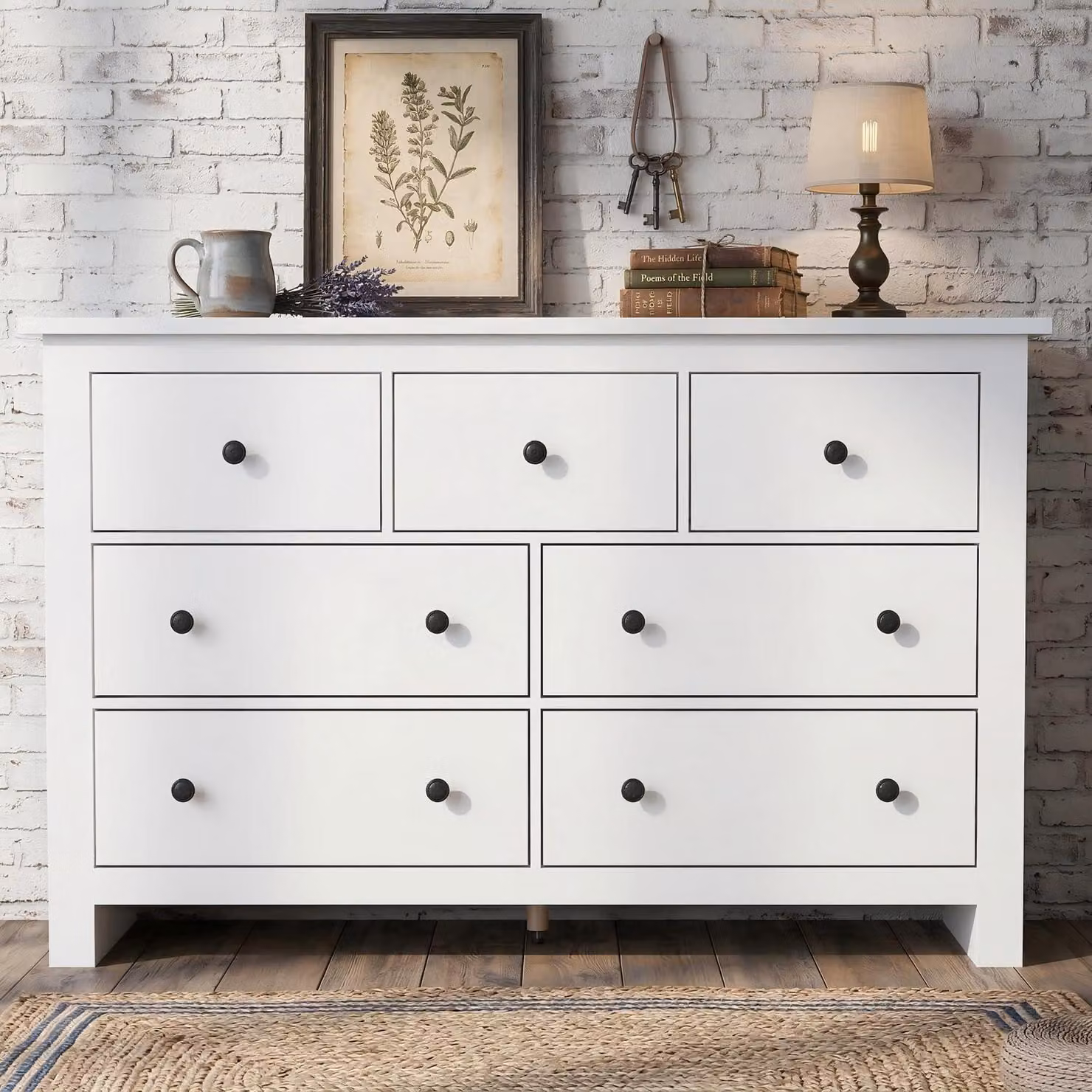 Comodino con 7 cassetti, mobile contenitore in legno, dimensioni 152x40x89 cm, colore bianco