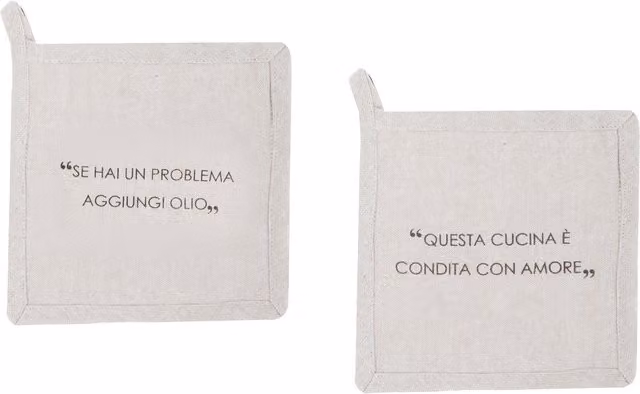 Set di 2 presine Kasanova in cotone beige con scritta Quotes, L 17 x P 17 cm