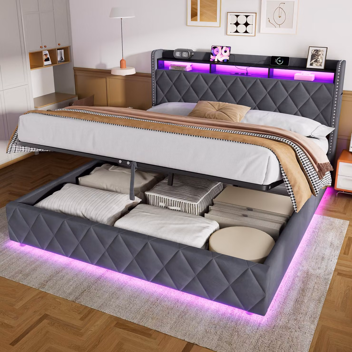 Letto imbottito MODFU, 180 x 200 cm, in velluto, letto matrimoniale con spazio contenitore idraulico, letto multifunzionale per ragazzi con LED e testiera a rombi, senza materasso, colore grigio