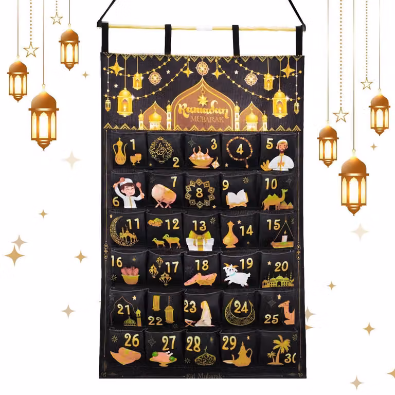 Calendario dell'Avvento per il Ramadan, in tessuto, con 30 tasche, colore nero, riutilizzabile