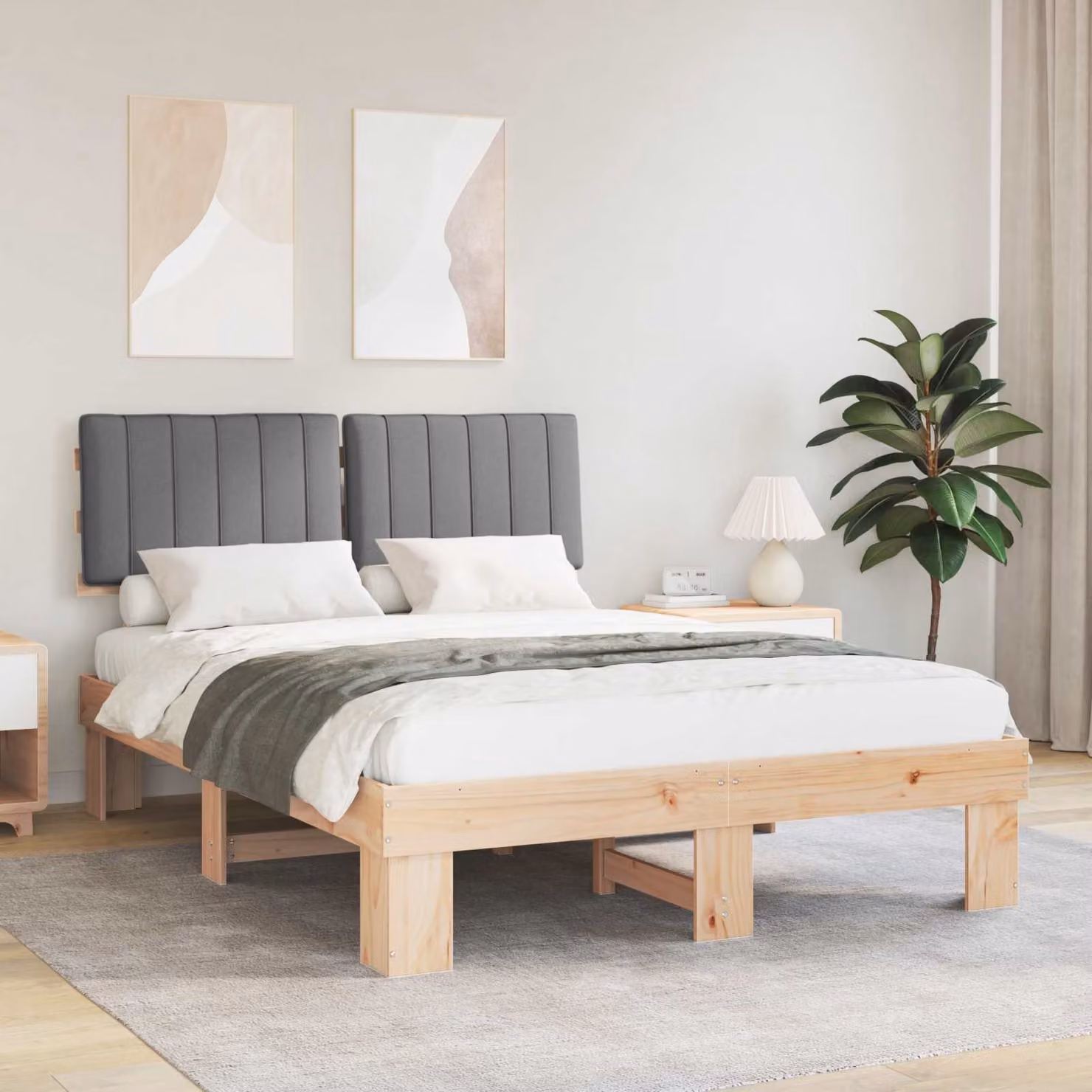 Letto con Testiera Rivestita in Tessuto e Struttura in Legno di Pino Grigio vidaXL L 190 x P 151 x H 93 cm – 1