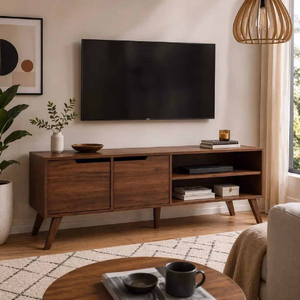 Mobile Porta TV Scandinavo in Melaminico con 2 Ante e 2 Vani A Giorno, Colore Noce, L 160 x P 40 x H 55 cm – 2