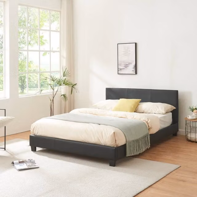 Letto Matrimoniale Corium con Struttura Imbottita in Similpelle e Rete a Doghe in Legno, Colore Nero, 140x200 cm