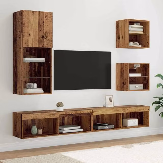 Unità a muro per TV con LED 5 pz Legno vecchio 100 x 30 x 30 cm 3402950