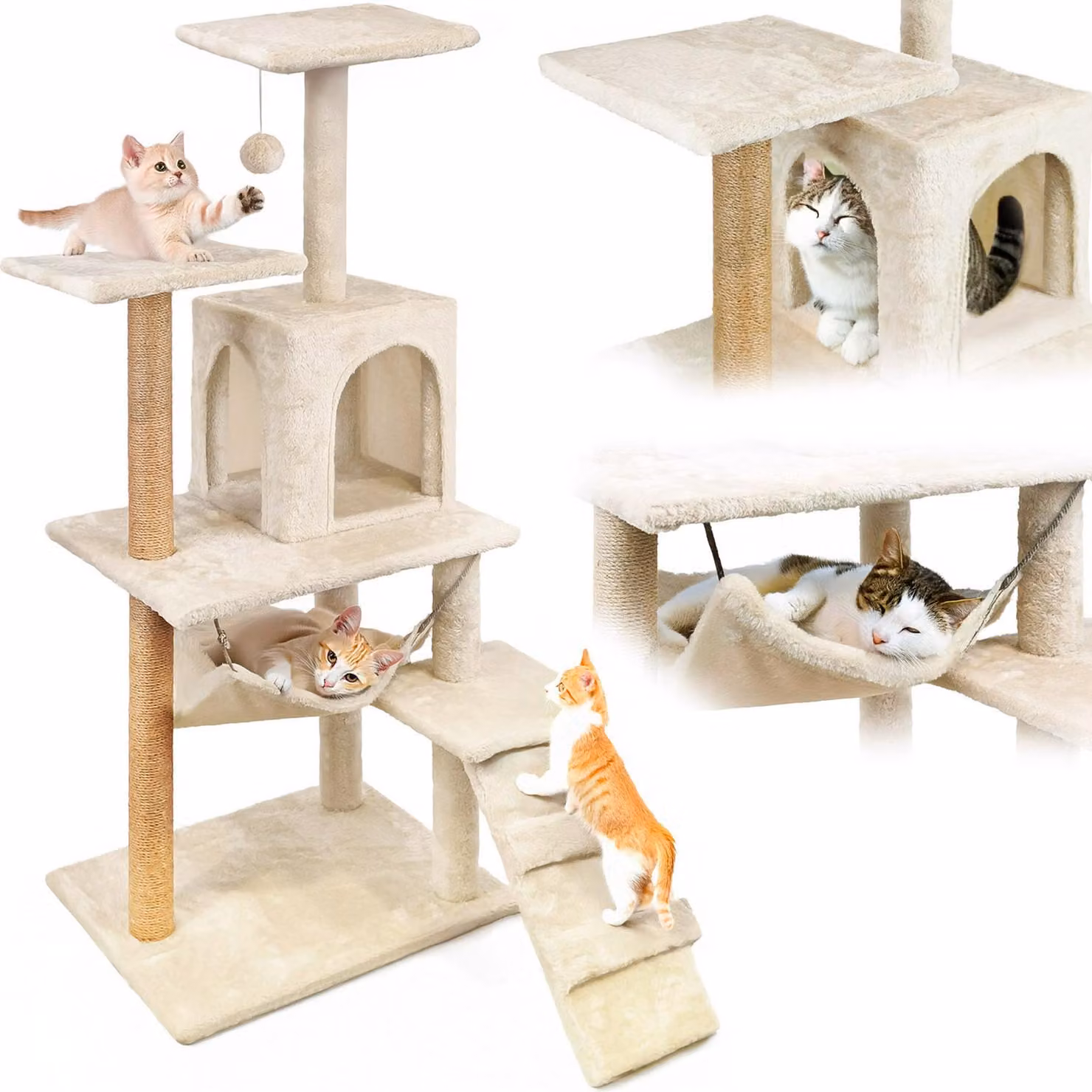 Tiragraffi per gatti, casetta con giocattoli, alto, 6 livelli, cuccia, linea Comfort, beige
