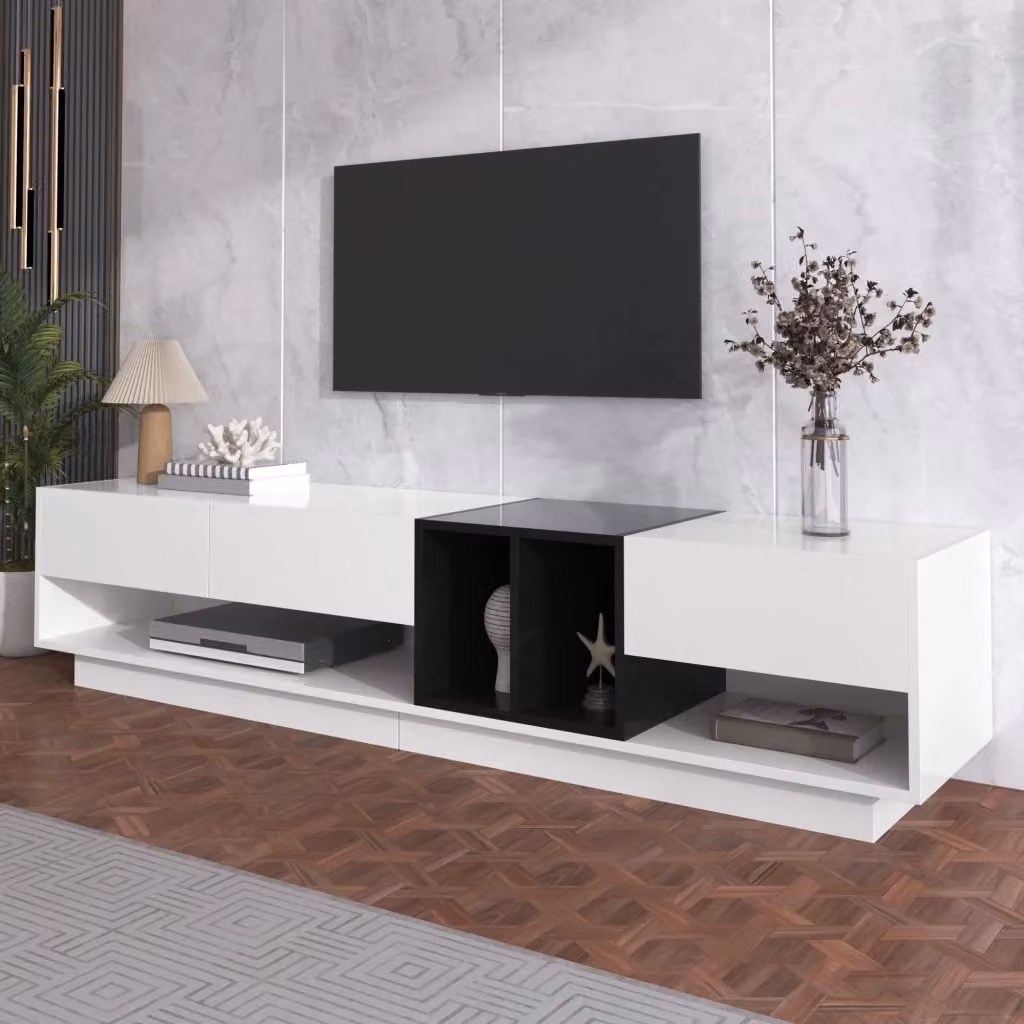 Mobile TV REDOM moderno in MDF bianco e nero lucido con L/P/H: 190 x 40 x 42 cm – 2