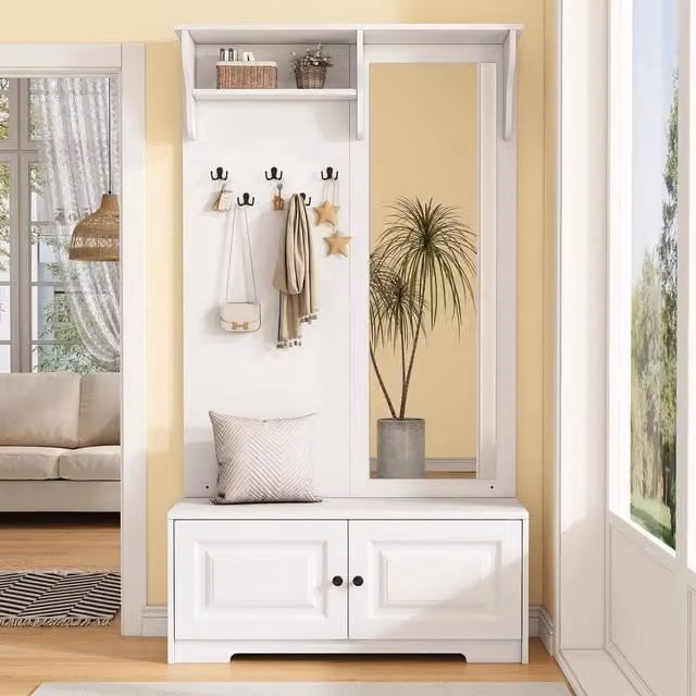 Set ingresso consolle con specchio appendiabiti scarpiera ¨C Minimal ¨C Bianco legno 100x40x180 cm salvaspazio