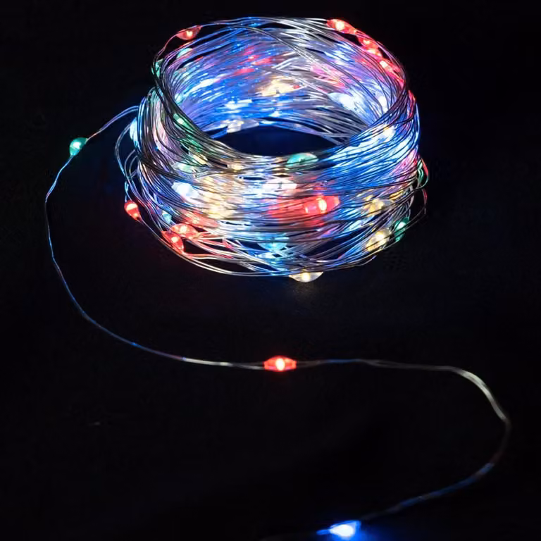 Catena luminosa a LED, 2 metri, RGBY, filo di rame, alimentazione a batteria a bottone, decorazione