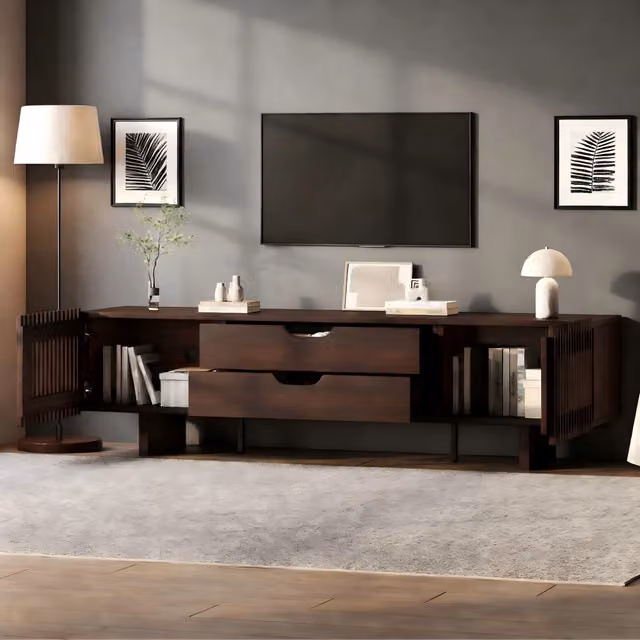 Mobile TV con 2 cassetti e ante a lamelle in MDF color noce per televisori fino a 75 pollici 180 × 40 × 45 cm