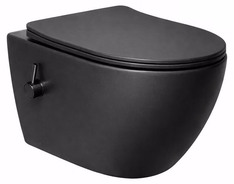 WC sospeso a muro SAT Fusion con bidet integrato e scarico a vortice. Include sedile con chiusura automatica e kit di montaggio, finitura nera opaca