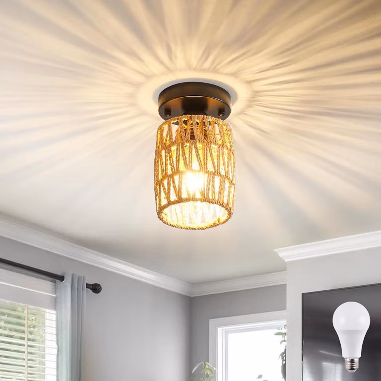 Lampada a soffitto E27, stile retrò, con paralume in rattan intrecciato