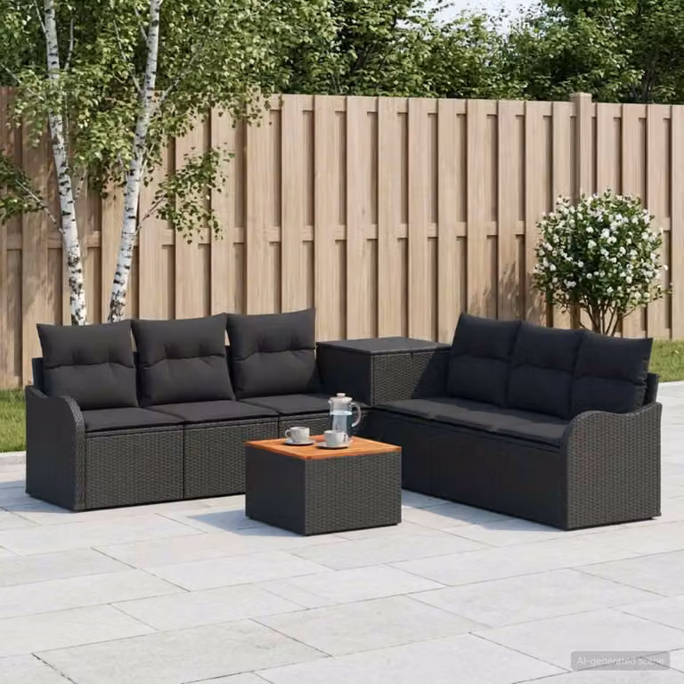 Set di divani da giardino vidaXL a forma di L composto da 8 pezzi in rattan sintetico e metallo, colore nero, con cuscini inclusi