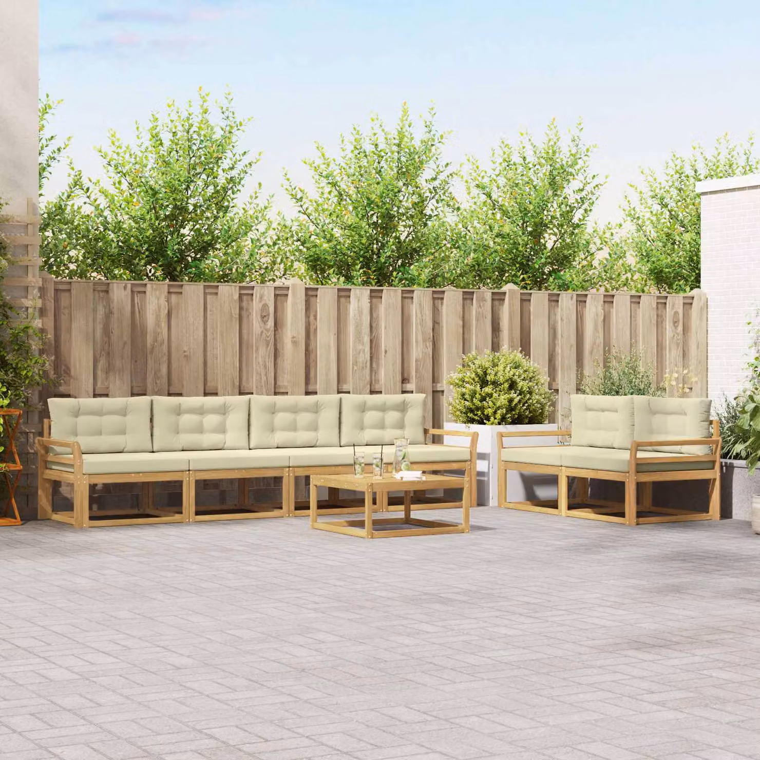 Set di divani da esterno vidaXL in legno di acacia con cuscini, 6 pezzi, Bianco e Beige