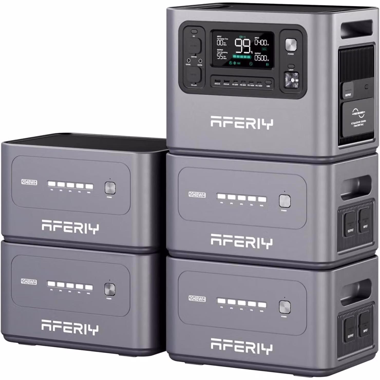 Set stazione di ricarica AFERIY P280 da 10 kWh LiFePO4 – 2800 W, 4 batterie aggiuntive