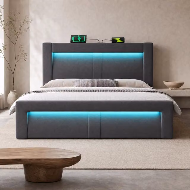 Letto con contenitore 140x200 cm con rivestimento in velluto grigio, LED, USB e Type-C