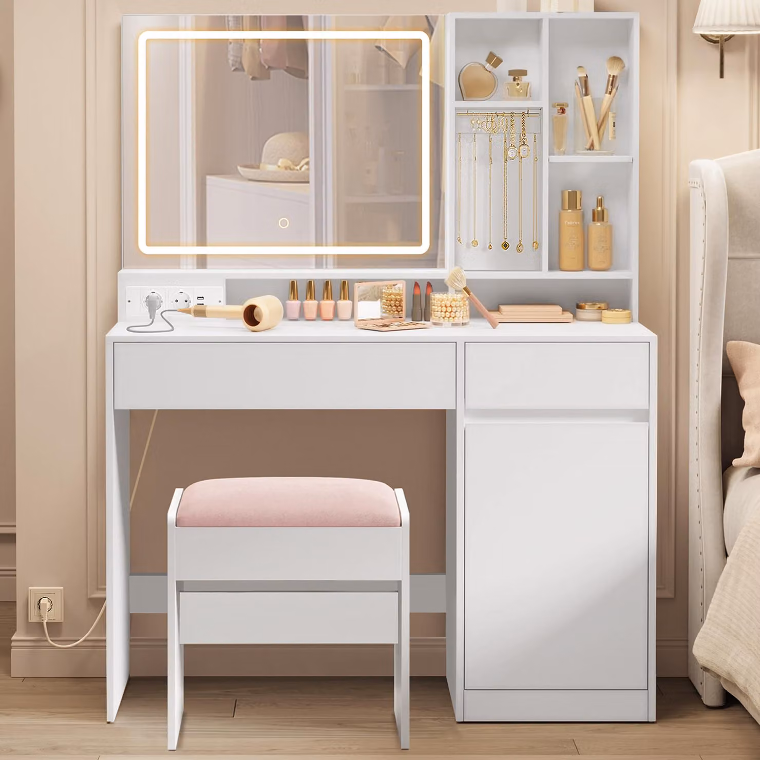 Tavolino da trucco VASAGLE, completo di sgabello, con specchio, larghezza 110 cm