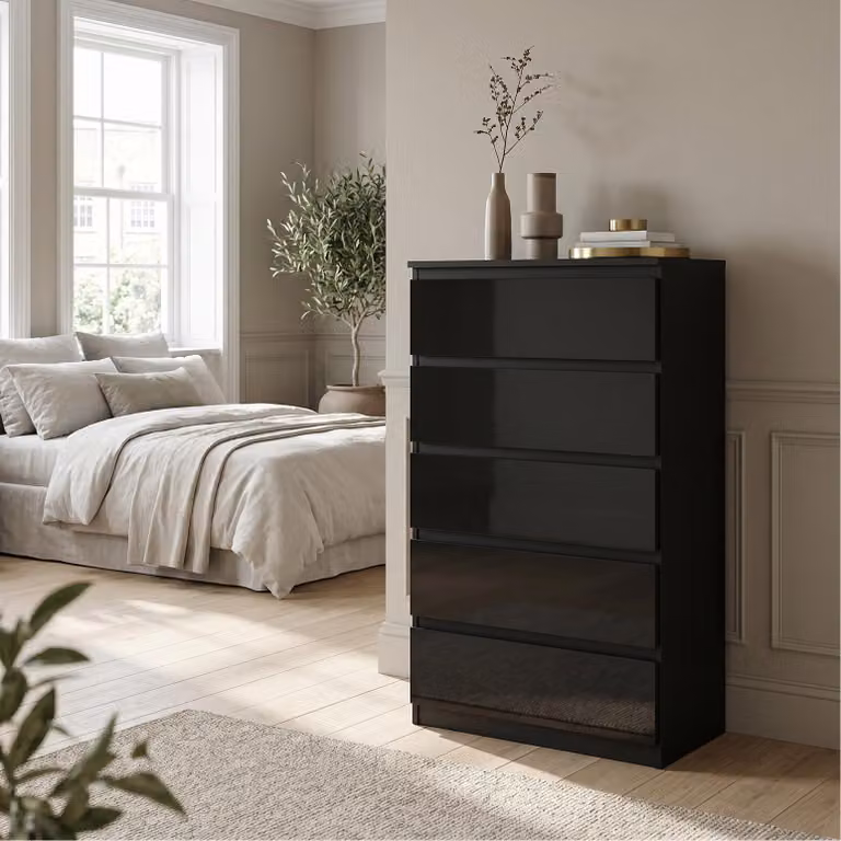 Comodà Masseno NUDO da 70 cm con 5 cassetti e ante, per soggiorno e camera da letto, stile moderno, 70x39x124,5 cm, nero / nero
