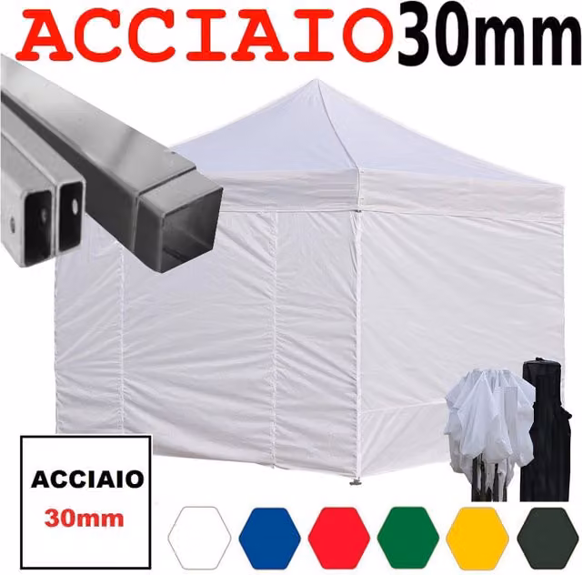 Gazebo 3x3 m bianco pieghevole portatile estendibile richiudibile estensibile acciaio con laterali per fiere eventi stand chiosco tenda tendone mercato mercatino