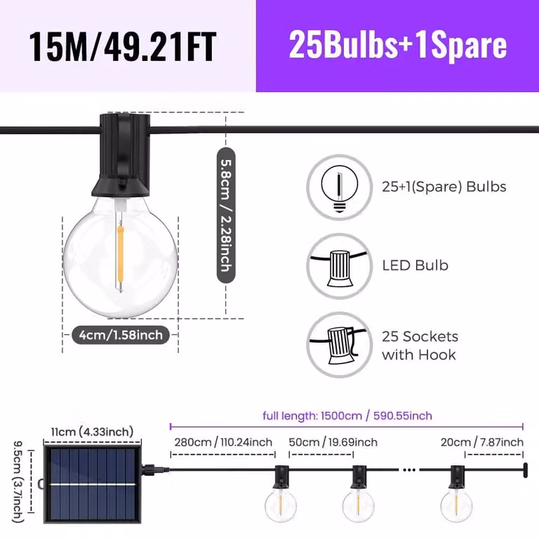 Catena luminosa solare - Catena di luci LED G40 per esterni - 15 metri - 26 lampadine - Alimentazione a energia solare - Grado di protezione IP44 - Dimmerabile - Luce bianco caldo 3000 K