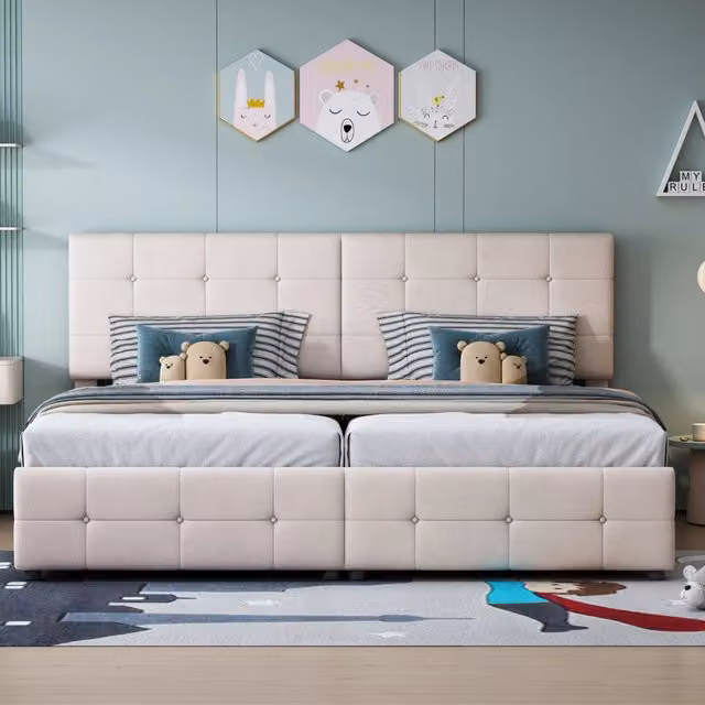 Letto Matrimoniale Contenitore 180x200 cm in Velluto Beige con Testiera Regolabile e Funzione Divisibile
