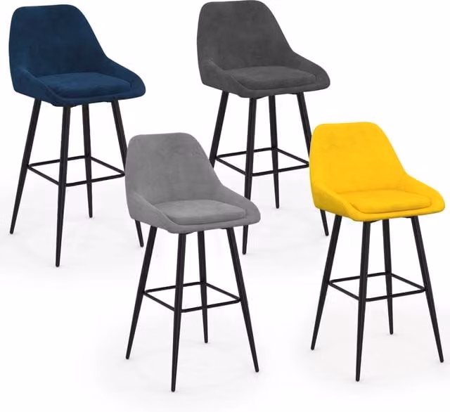Set di 4 sgabelli da bar THALYA IDMarket in velluto, colori misti blu, grigio chiaro, grigio scuro e giallo