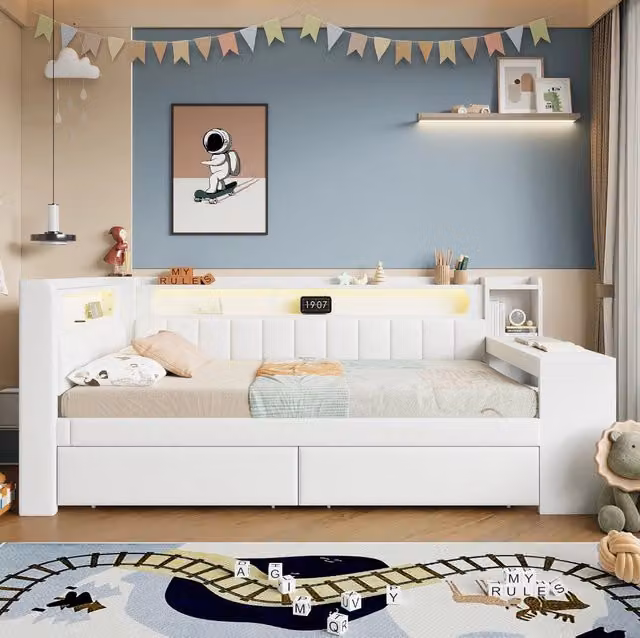 Letto da giorno imbottito 90x200 cm con scrivania; 2 cassetti; LED e USB; bianco