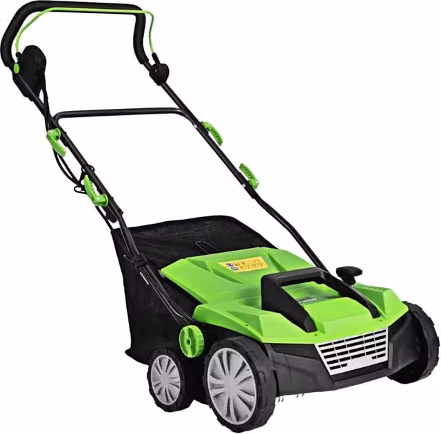 Scerbatore per prato con 2 interruttorI di sicurezza 13 ampere sacco raccoglitore 45L, Scarificatore elettrico Verde