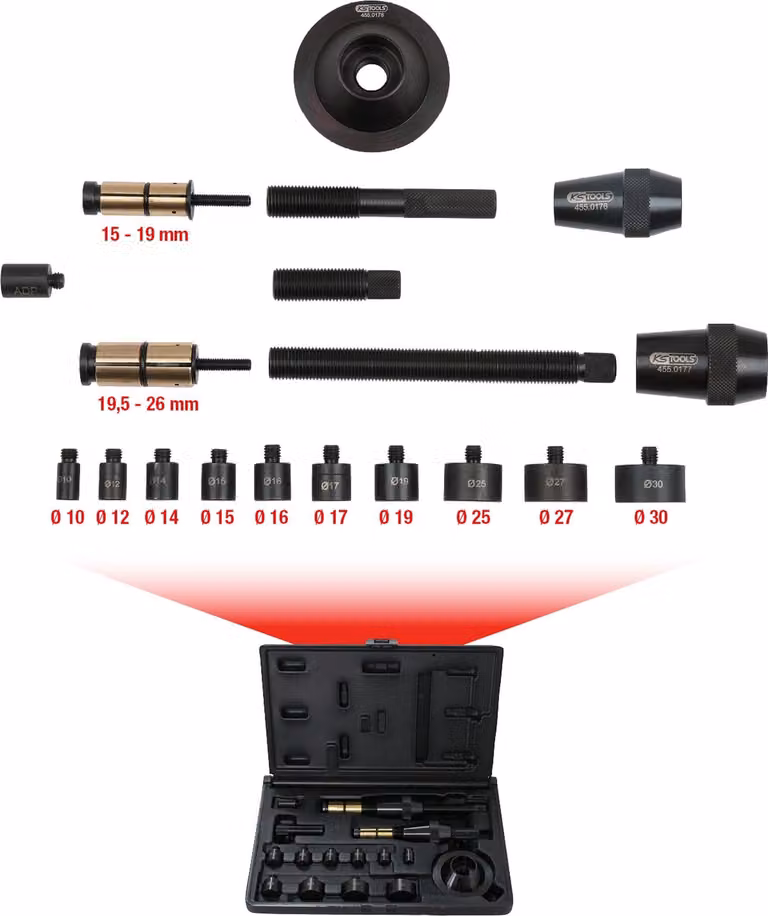 KS TOOLS Set di utensili per il centraggio della frizione universale Ø 15 26 mm 19 pezzi - 455.0170