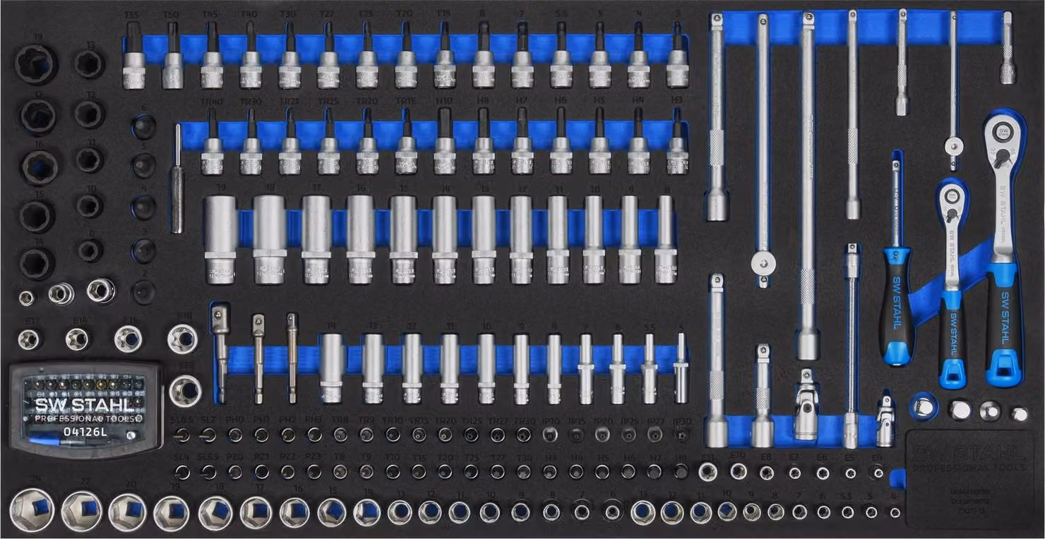 SW-Stahl Z3011-13 Assortimento di carrelli da officina, chiave a bussola 1/2', con cricchetto, 95 pz I Inserti per carrelli portautensili I Attrezzatura professionale da officina I Inserti per auto attrezzati I Inserti per carrelli da officina