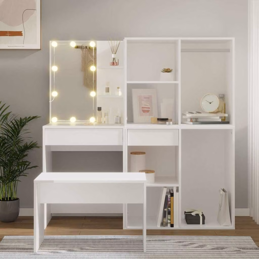 vidaXL Set Tavolo da Toeletta Hollywood LED Bianco in Legno e MDF L/P/H: 76 x 140 x 40 cm – 1