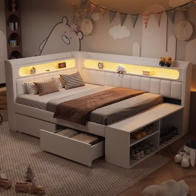 Divano letto imbottito 90x200 cm - Zephmum- USB, luce LED, armadio scarpe, 2 cassetti, bianco