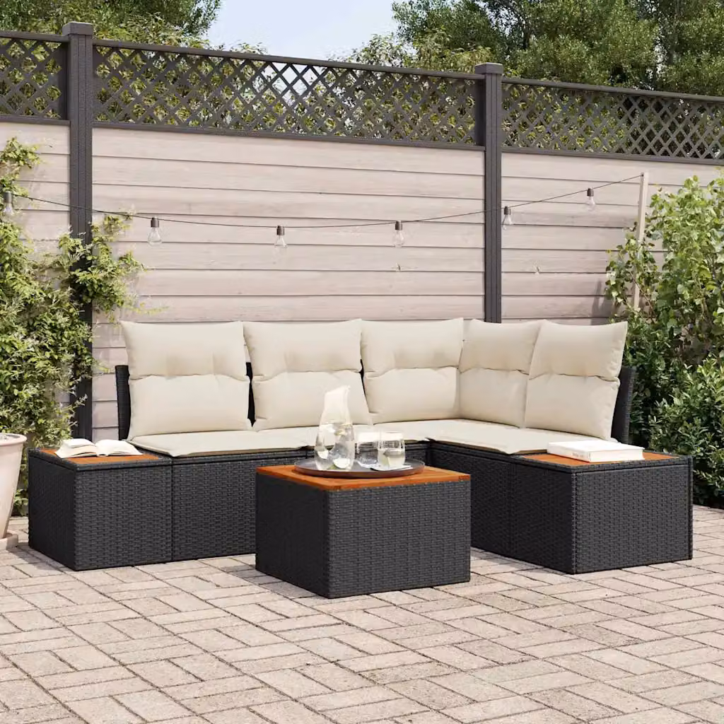 Set Divano da Giardino vidaXL a L con Tavolino e Pouf in Rattan Nero e Acciaio con Cuscini Imbottiti e Rivestimenti Rimovibili – 1